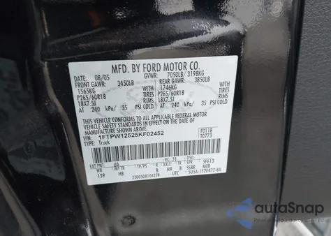 2005 Ford F-150 Lariat/Xlt z USA, uszkodzony, nr VIN 1FTPW12525KF02452